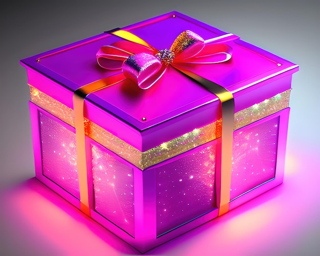 confezione regalo con magica confezione regalo rosa brillante aperta con luce magica