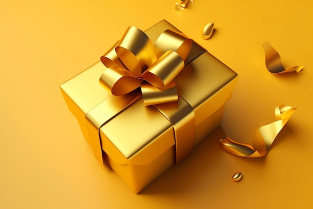 Confezione regalo con nastro di raso dorato e fiocco su sfondo giallo Regalo di festa con spazio per la copia Regalo di compleanno o di Natale piatto vista dall'alto Concetto di confezione regalo di Natale generato dall'IA