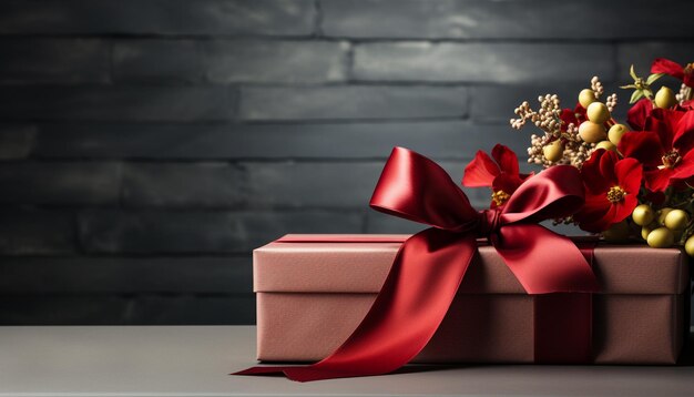 Confezione regalo con nastro rosso e fiori di poinsettia su sfondo nero muro di mattoni