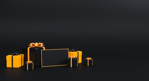 Confezione regalo con nastro su sfondo nero. Concetto minimo. Rendering 3D