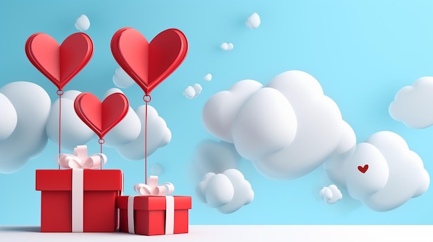 confezione regalo con palloncino a cuore fluttuante nel cielo con nuvole concetto di design della carta di buon compleanno