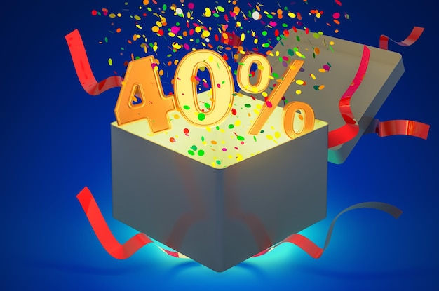 Confezione regalo con sconto del 40% all'interno delle vacanze e rendering 3D del concetto di offerta