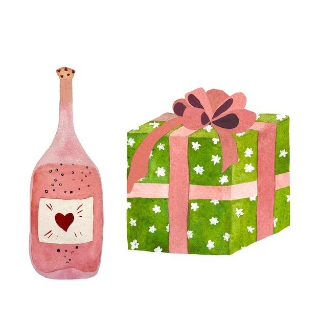 Confezione regalo cuore di bottiglia rosa verde. Un'illustrazione ad acquerello. Trama disegnata a mano. Dorso bianco isolato