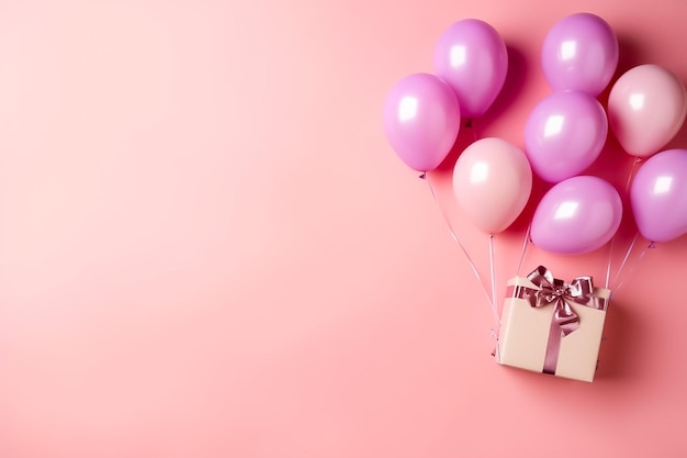 Confezione regalo di compleanno con palloncino colorato su sfondo rosa pastello Ai generato