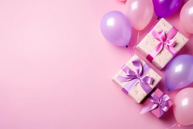 Confezione regalo di compleanno con palloncino colorato su sfondo rosa pastello Ai generato