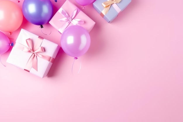 Confezione regalo di compleanno con palloncino colorato su sfondo rosa pastello Ai generato