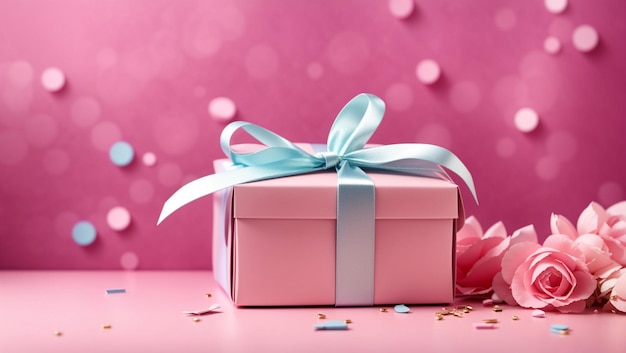 Confezione regalo di compleanno su sfondo rosa Sfondo con spazio per la copia