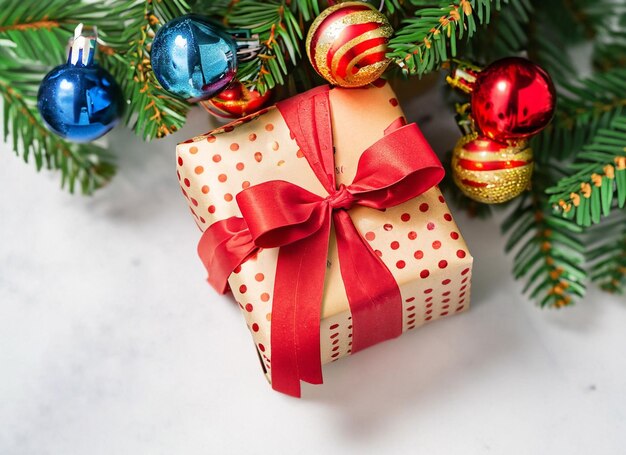 Confezione regalo di Natale con addobbi natalizi rossi