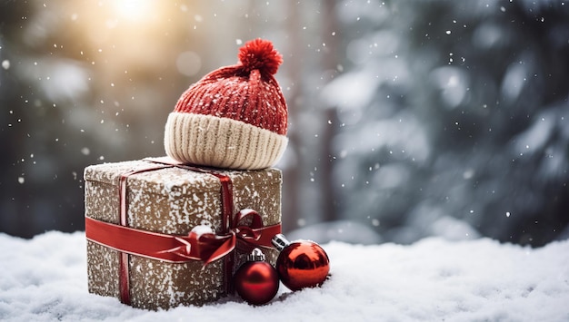 Confezione regalo di Natale con cappello rosso su sfondo di neve Sfondo Natale