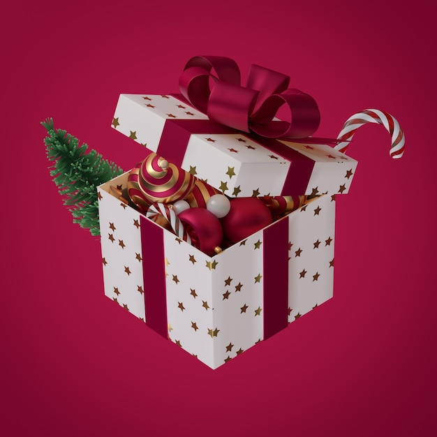 Confezione regalo di Natale con palle di Natale 3d render