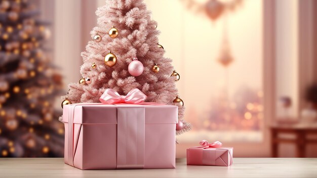 Confezione regalo di Natale con superficie rosa morbida sotto l'albero