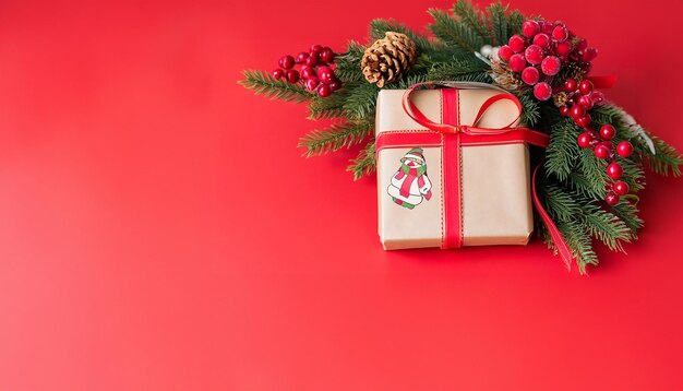 Confezione regalo di Natale decorata su sfondo rosso Banner di Natale e Capodanno