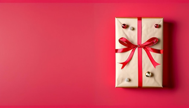 Confezione regalo di Natale decorata su sfondo rosso Banner di Natale e Capodanno