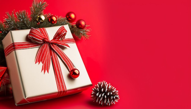 Confezione regalo di Natale decorata su sfondo rosso Banner di Natale e Capodanno