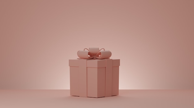 Confezione regalo di Natale e Capodanno, confezione regalo rosa con nastro su sfondo rosa minimo. Rendering 3D.