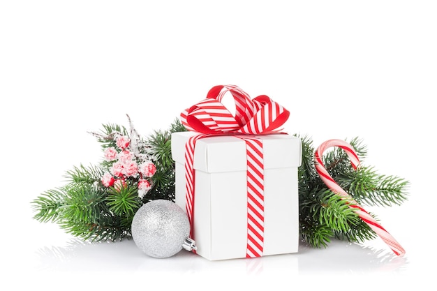 Confezione regalo di Natale e ramo di albero