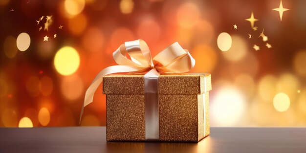 Confezione regalo di Natale in una confezione lucida con un fiocco su sfondo bokeh AI generativa
