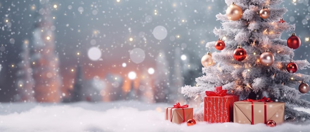 Confezione regalo e ornamenti natalizi sullo sfondo dell'albero di Natale con la neve decorata e le luci della ghirlanda copiano lo spazio IA generativa