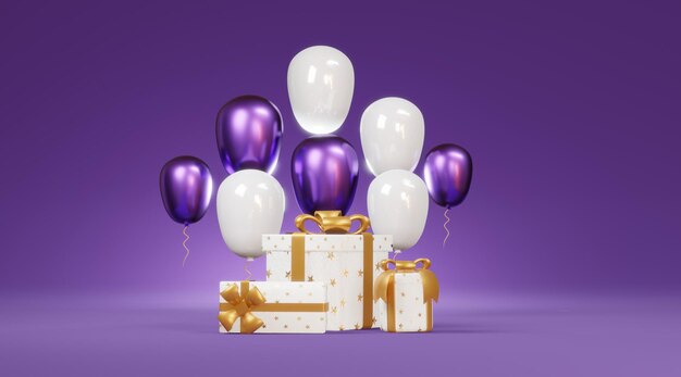 Confezione regalo e palloncino per celebrare il rendering 3d di tonalità viola