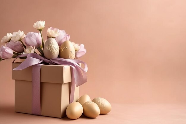 Confezione regalo festiva Uova di Pasqua e bouquet di fiori su sfondo beige Creato con lo strumento di intelligenza artificiale generativa