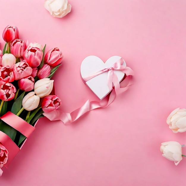 Confezione regalo fotografica con vista dall'alto con bouquet di tulipani a nastro su sfondo rosa