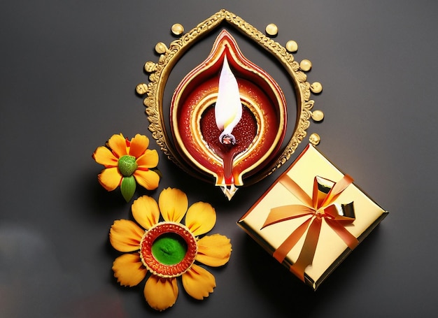 confezione regalo lampada diwali e fila di lampade a olio diwali su sfondo scuro