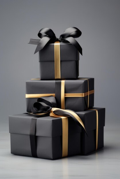 Confezione regalo nera con fiocco dorato e nero isolato su sfondo bianco shopping shopping