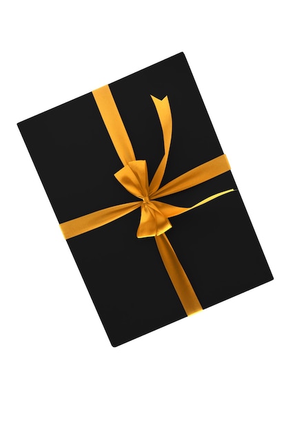 Confezione regalo nera con nastro dorato isolato su sfondo bianco