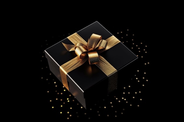 Confezione regalo nera di lusso con nastro di raso oro e fiocco su sfondo nero scuro Generativo ai