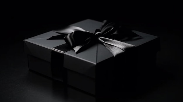 Confezione regalo nera legata con nastro nero su sfondo nero