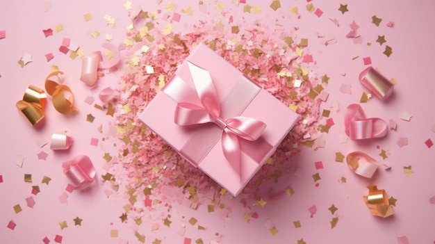 Confezione regalo o regalo e coriandoli stelle sul tavolo rosa