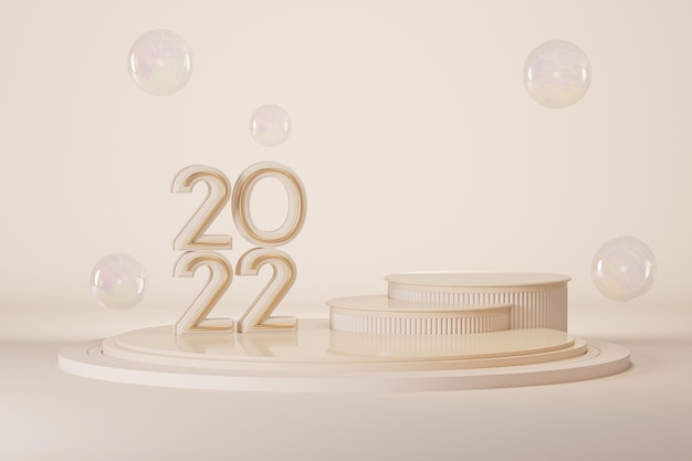 Confezione regalo podio e sfondo pastello 3d rendono per Natale Felice Anno Nuovo 2022
