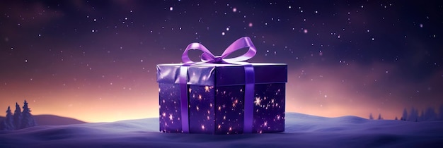 confezione regalo regale in velluto viola posizionata contro un cielo notturno stellato IA generativa