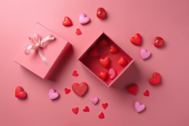 Confezione regalo rosa con cuori rossi su sfondo rosa Ai generativa Ai generativa