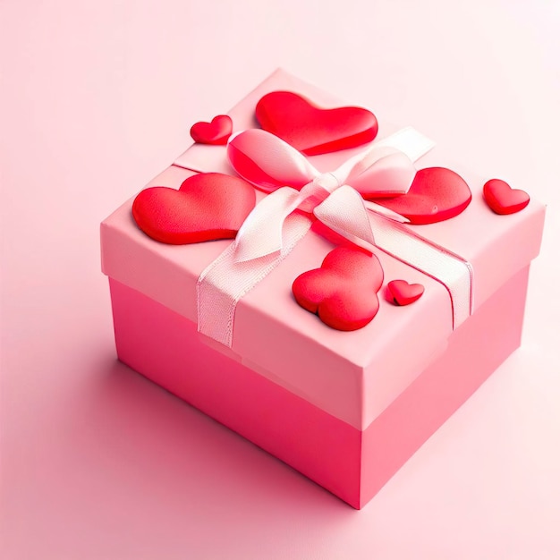 confezione regalo rosa con cuori rossi su sfondo rosa