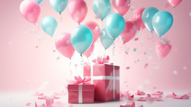 Confezione regalo rosa con palloncini con fiocco rosa e regali su un regalo di compleanno su sfondo rosa