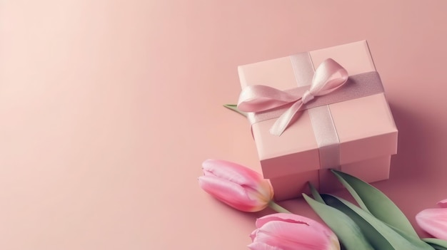 Confezione regalo rosa con un nastro rosa legato attorno ad esso e un tulipano rosa su sfondo rosa.