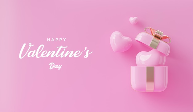 Confezione regalo rosa di San Valentino e decorazione del cuore in rendering 3d di sfondo rosa