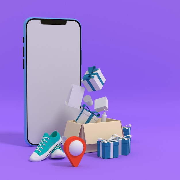 Confezione regalo, scarpe e smartphone per lo shopping online. Rendering 3D