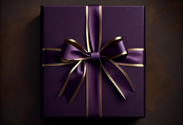 Confezione regalo viola scuro con fiocco in nastro d'oro su sfondo strutturato scuro Genera Ai
