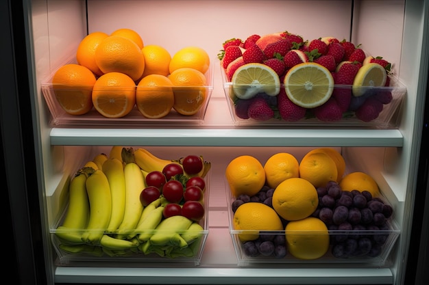 Confezioni di frutta fresca in esposizione in un frigorifero aziendale