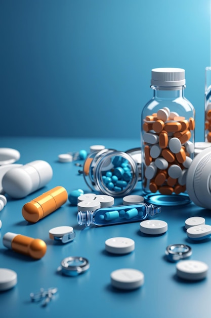 Confezioni di pillole e capsule di medicinali sopra la tabella blu
