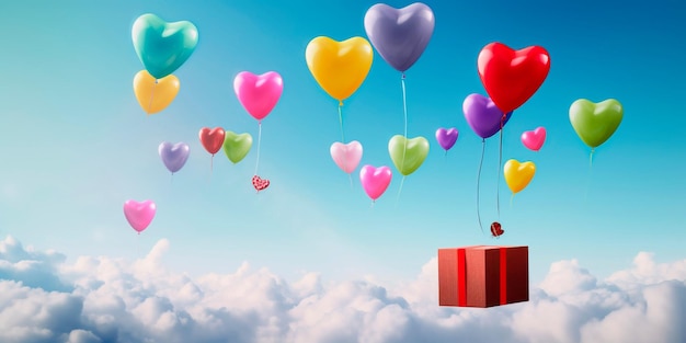 Confezioni regalo con palloncino a forma di cuore che lo fa fluttuare nel cielo. AI generativo