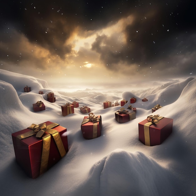 Confezioni regalo di Natale nella neve di notte 3d rendono l'illustrazione