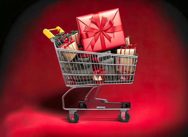 confezioni regalo in un carrello vendita stagionale sfondo nero e rosso rosso