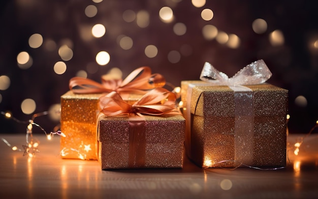Confezioni regalo su sfondo bokeh Concetto di Natale e Capodanno