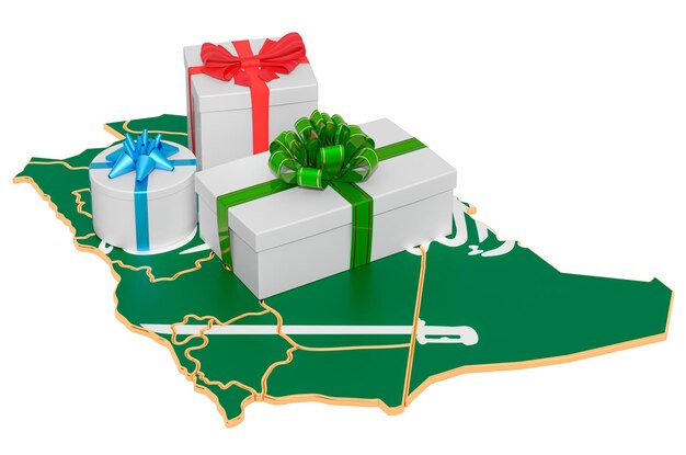Confezioni regalo sulla mappa dell'Arabia Saudita Vacanze di Natale e Capodanno in Arabia Saudita rendering 3D