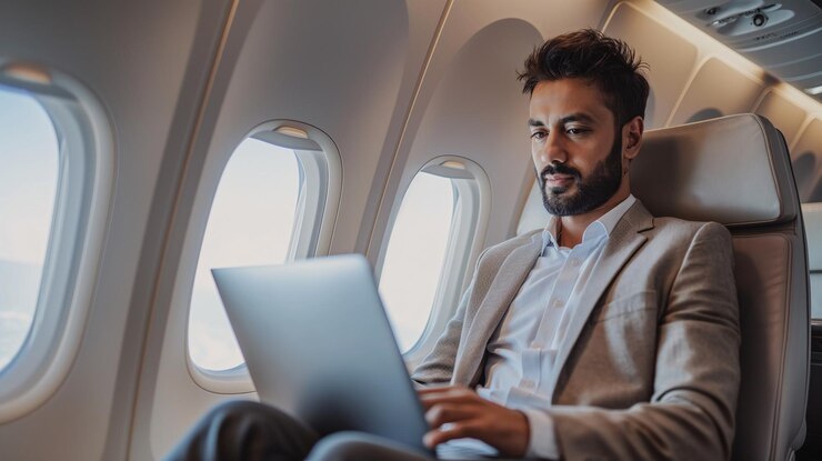 Confident Caucasian businessman working on a laptop in a private jet