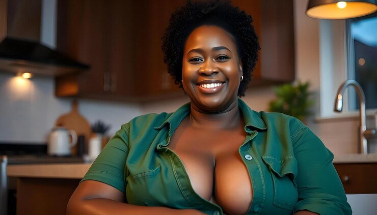 Confident Woman Relaxing in Modern Kitchen