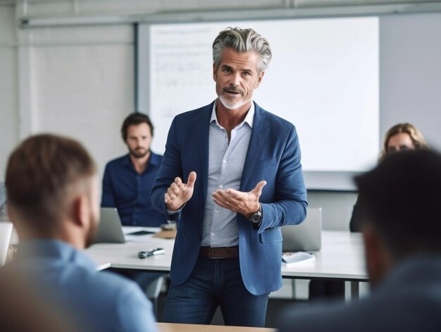 Confidenza in ufficio professionale affari adulto oratore manager esecutivo uomo d'affari imprenditore IA generativa